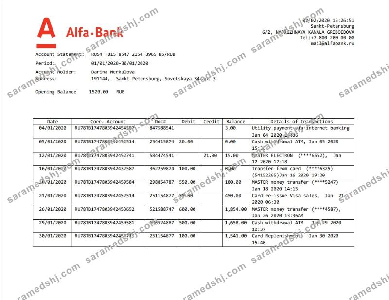 Russia Alfa bank proof of address statement template in Word and PDF format